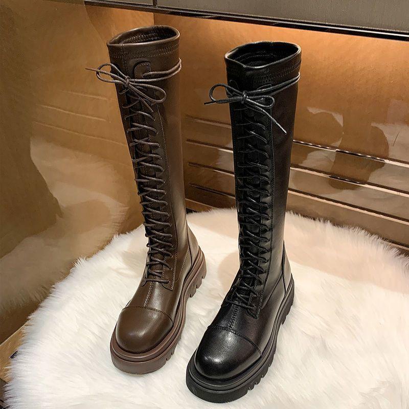Knight Boots Women's Thick Soles 2025 Autumn and Winter New Models But Knee Boots Lace-up Boots Thin Thin Tall Boots