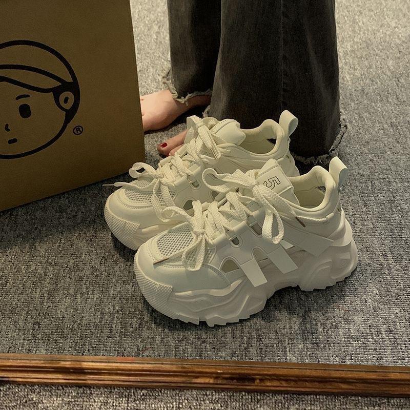 Trendy Dad Shoes Women 2024 New Hollow Out Breathable Versatile Lightweight Thick Soled Casual Sports Vulcanized Shoes Sneakers