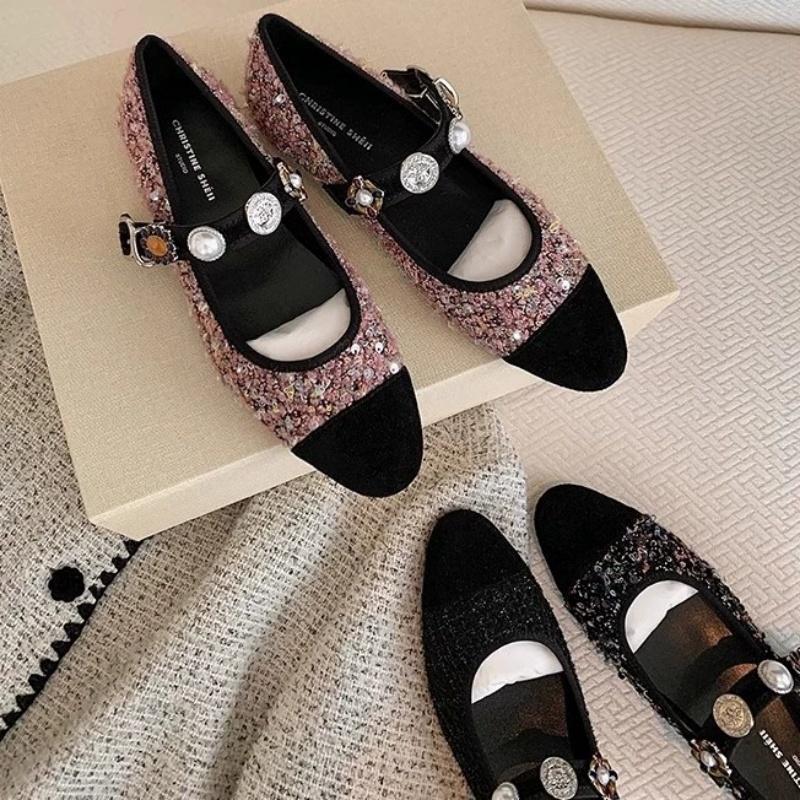 Fashion Women Ballet Flats Fall Low Heel Pumps Knitted Mary Jane Shoes New Design Rhinestone Buckle Flat Shoes Mary Jane Buckle Low-heel