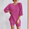 Conjunto de Top de Verão de Malha da Moda Solto Casual Gola Redonda Shorts Roupa Feminina Confortável Respirável Cor Sólida