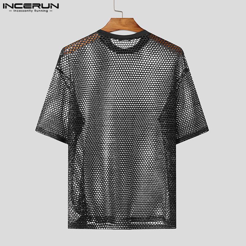 INCERUN Men O Neck Short Sleeve Mesh Sheer See Through Tops T-Shirts