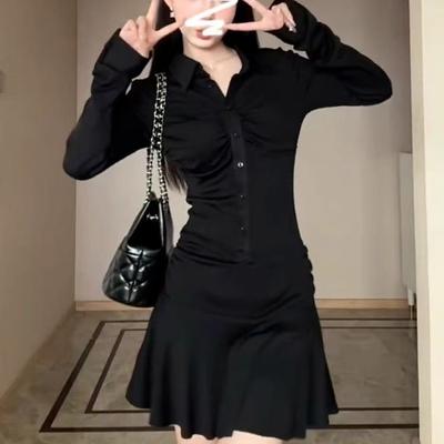 American Polo Neck Black Long Sleeve Dress Pure Lust Spice Girl Pleated Sports Slim Fit Waist Skinny Short Skirt Skirt