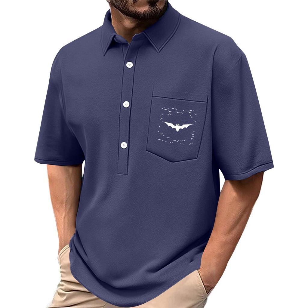 Men's Summer Solid Color Print Four-sided Stretch Lapel Button Pocket Shirt Casual Sports Short-sleeved Top