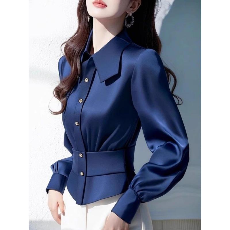 Spring Autumn Polo-neck Elegant Fashion Velvet Waist Blouse Women Long Sleeve Solid Cardigan Shirt Button Top