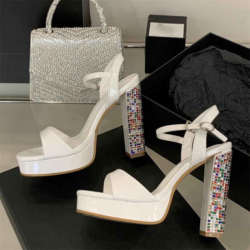 Eilyken Summer Gladiator Square Toe CRYSTAL High Heels Women Sandals Platform Buckle Strap Party Dress Female Shoes