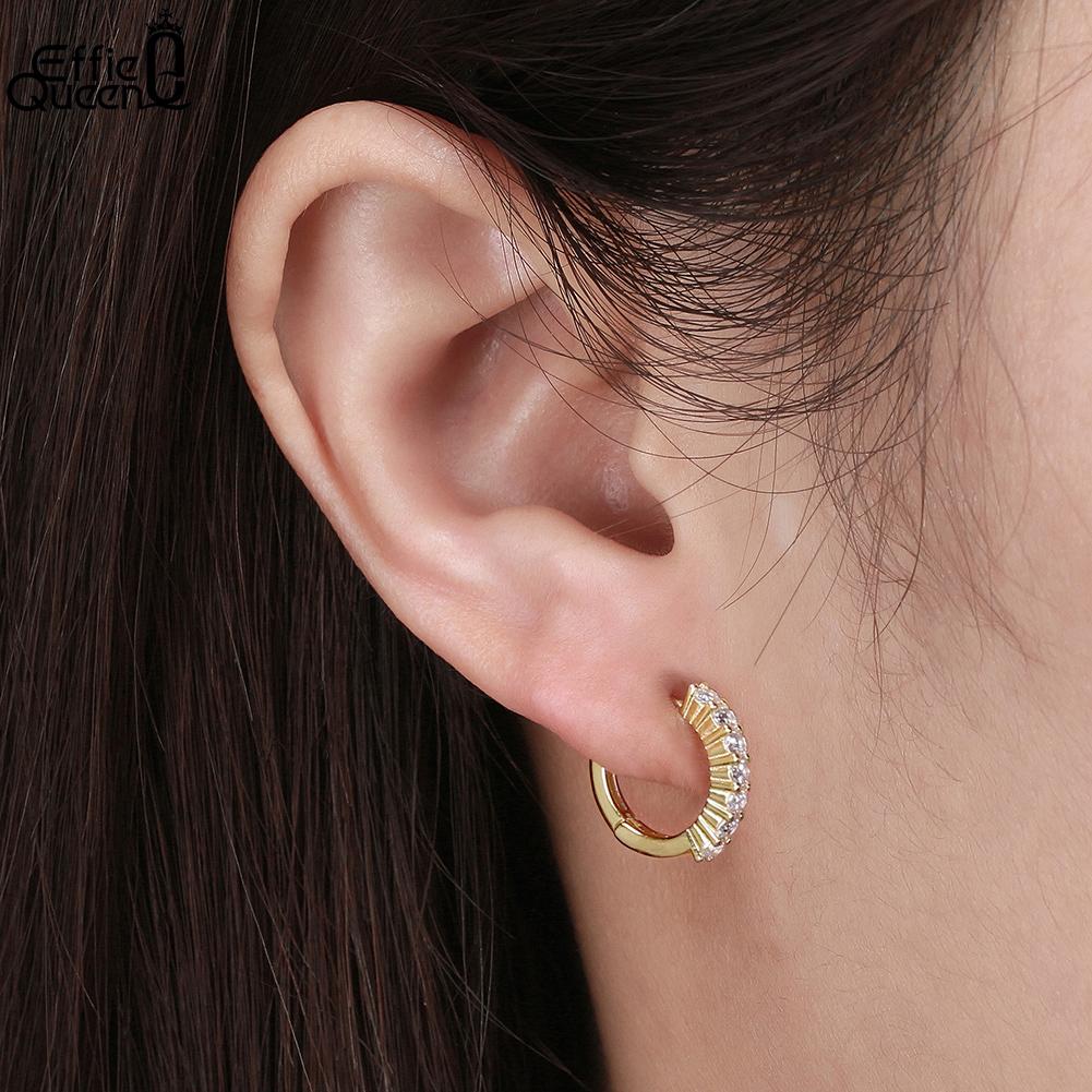 Effie Queen 925 Sterling Silver CZ Zircon Hoop Earrings Dainty 13mm Circle Round Small Huggie Cartilage Piercing Jewelry APE55
