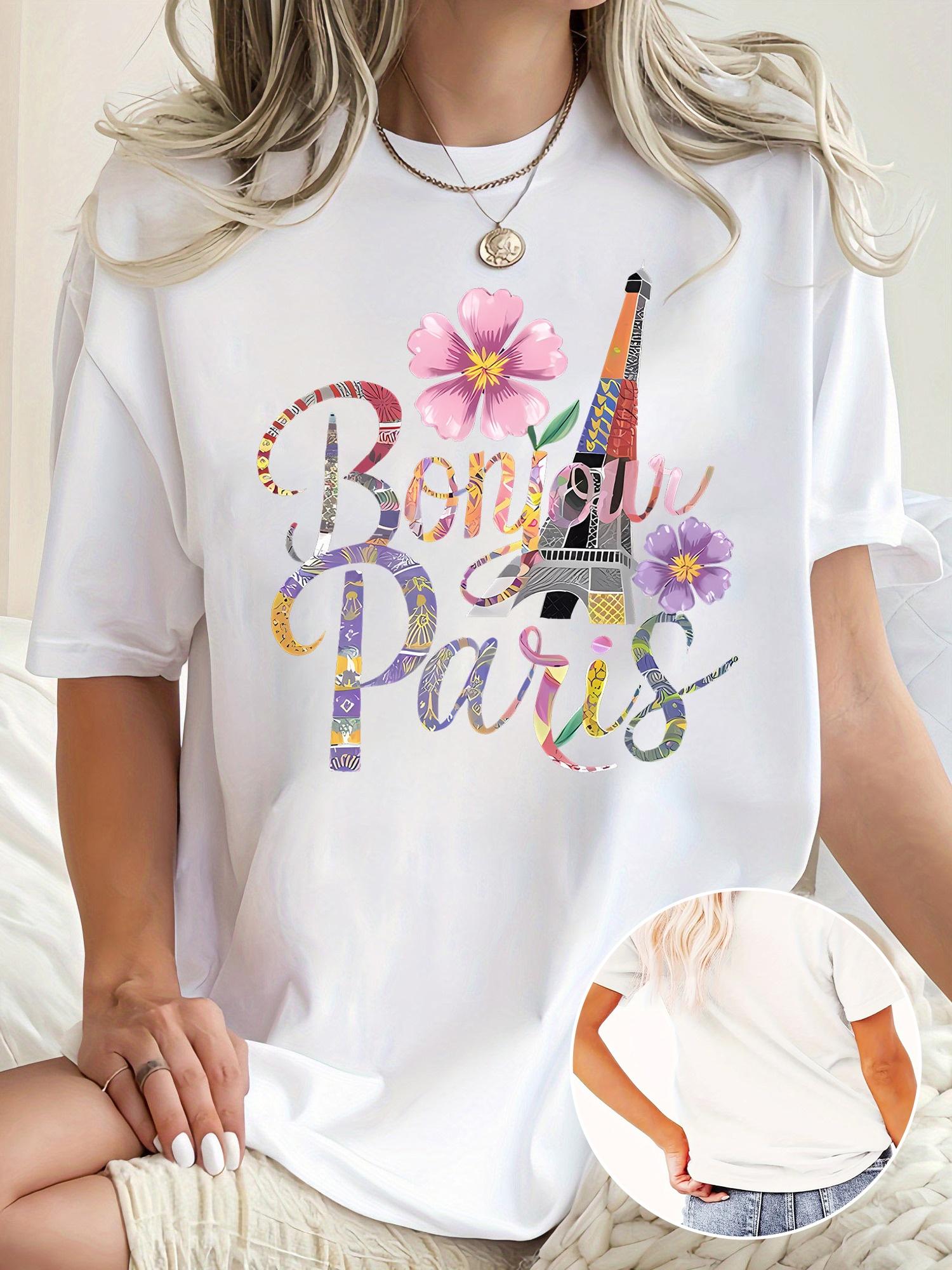 Bonjour Paris Eiffel Tower Graphic Floral T-shirt S
