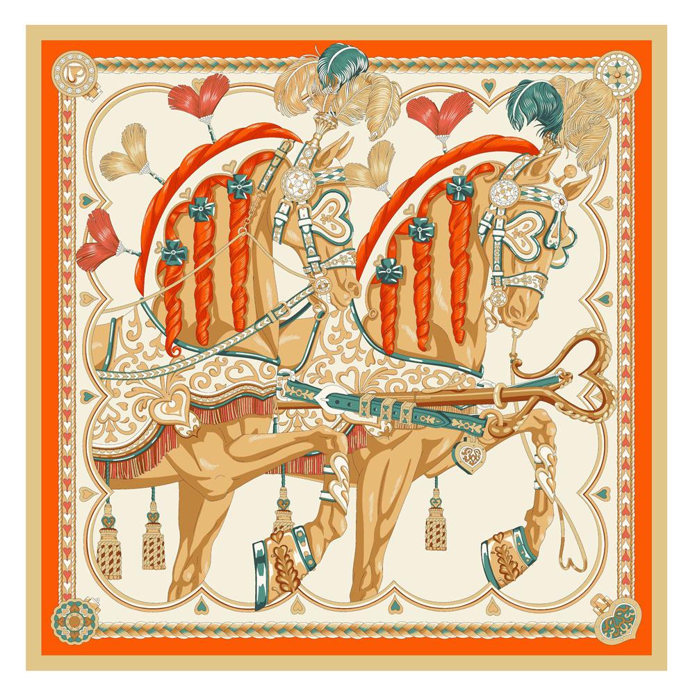 POBING Silk Scarf Women Large Shawls Spain Horse Print Stoles Square Bandana Luxury Kerchief Hijab Scarf Female Foulards 130CM