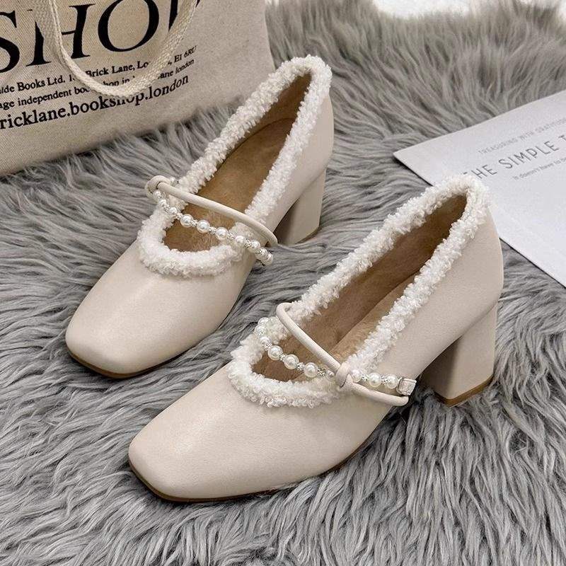 Fairy style Mary Jane shoes winter velvet 2025 new Internet celebrity high heels women's thick heel fluffy single shoes with skirt
