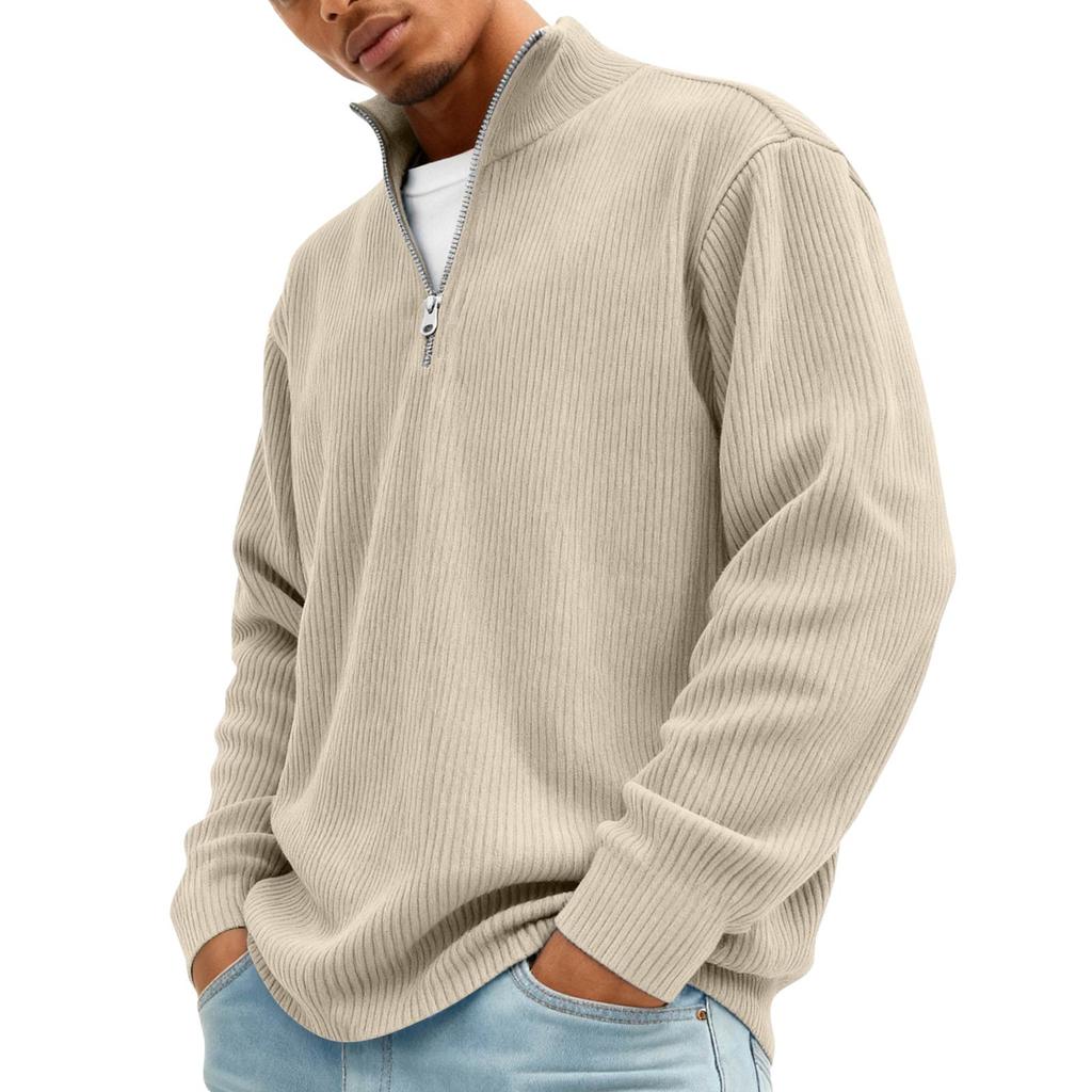Men’s Ribbed Knit Pullover Sweater Quarter Zip Stand Collar Long Sleeve Casual Loose Fit Top