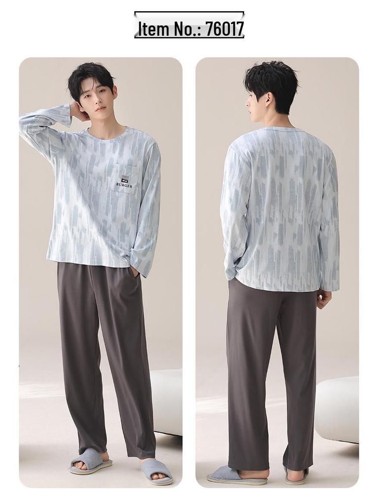 Men's 100% Cotton Long Sleeve & Pants Pajama Set - Korean Style Casual Homewear for Indoor/Outdoor Use