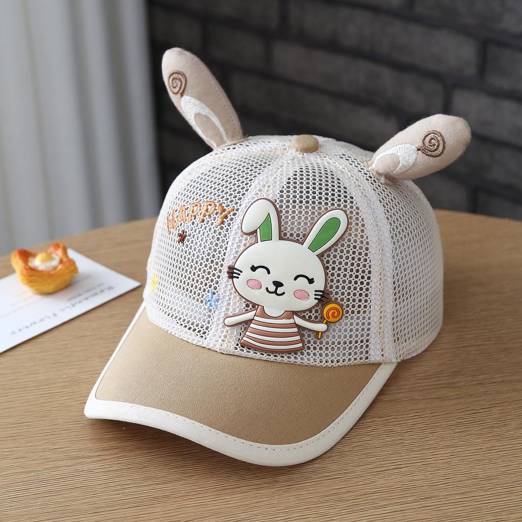 Baby Hat with Cartoon Candy Rabbit Ears-Shaped Embroidery. Five-Star Breathable Baseball Cap Made of All-Net Fabric with a Brim.