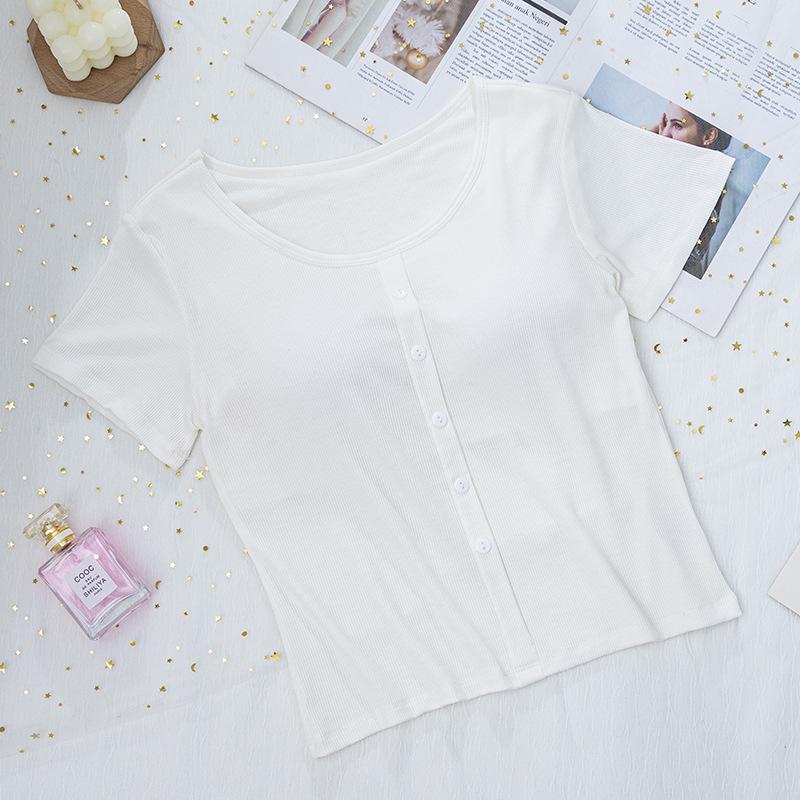 Ribbed Cropped Bodycon T-Shirt with Built-in Bra Pads and Fixed Short Sleeves