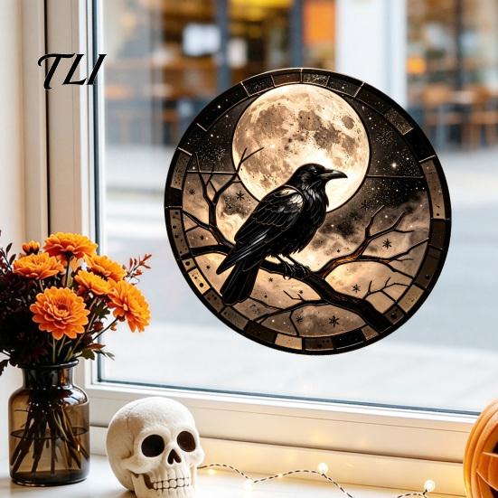 Decorative Window Privacy Film Halloween Raven Moon Static Glass Sticker, Removable Decals, Vintage Party Supplies Crow PVC Waterproof Cling for