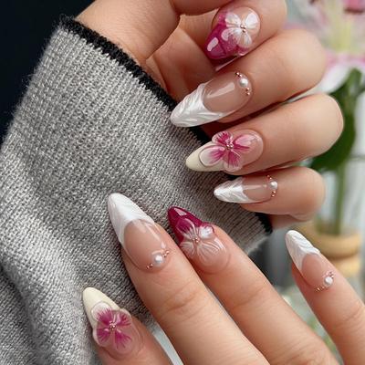 Perlweiße Nagelkunststücke, Blumen-Nägel, dreidimensionale künstliche Nägel, abnehmbare Nagelkunststücke, Winddiamanten, 24 Stück