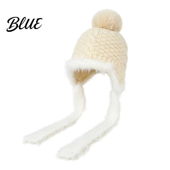 Cozy Autumn Winter Hat Women Knitted Earflap Hat Fuzzy Trim Pompom Soft Warm Stylish Travel Cap Knit for Outdoor Cycling Cold Weather Daily