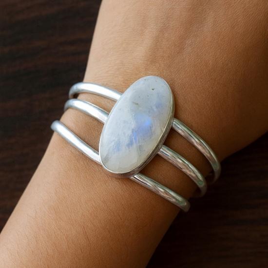 Adjustable Rainbow Moonstone Bracelet, 925 Sterling Silver, Handcrafted Gemstone Jewelry