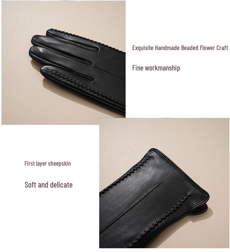Women's Winter Warm Lambskin Leather Gloves - Windproof, Thickened, Touchscreen, Short, Trendy, Light Luxury for Motorcycle Riding