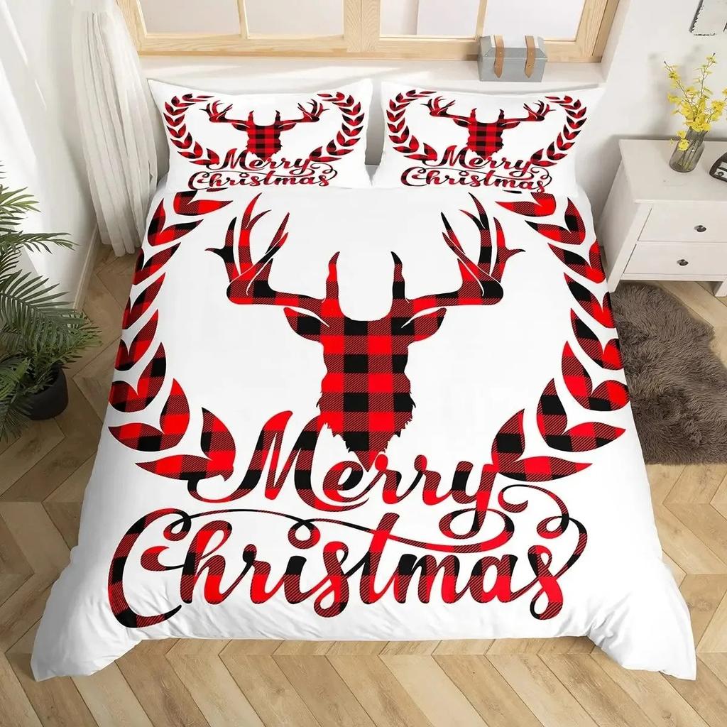 Gold Christmas Duvet Cover Set Gold Elk Xmas Printed Cartoon Christmas Festival Bedding Sets Full Queen Size with Pillowcase