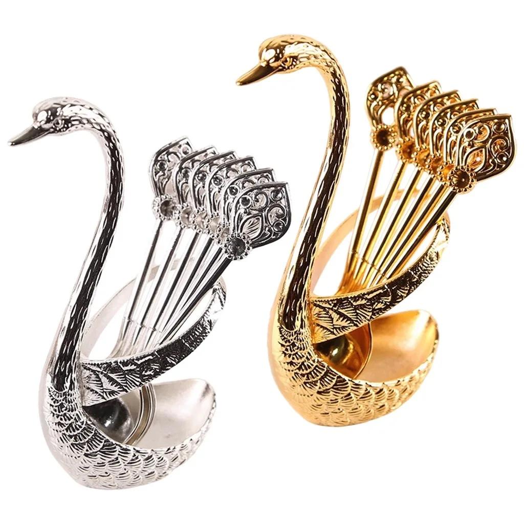 Swan Tableware Holder Base Elegant Gold Alloy Fruit Fork and Spoon Cutlery Set Dessert Teaspoon Dinnerware Kitchen Accessories