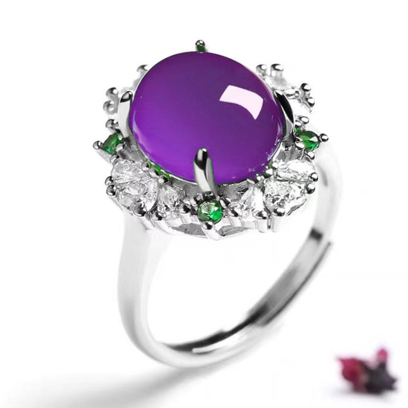 Bague Ajustable Calcédoine & Agate de Glace Forme Libre pour Femmes avec Incrustations en Forme d'Œuf et Placage Argent 925