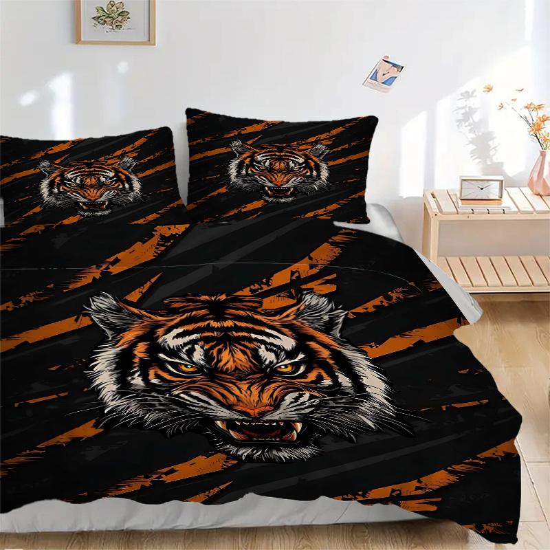 3pcs Orange Stripes Tiger Quilt Set Cartoon Themed Bed Quilt Set Lovely Character Bedroom Decor Bed Quilt Set Four Seasons (1 Cover + 2Pillowcase