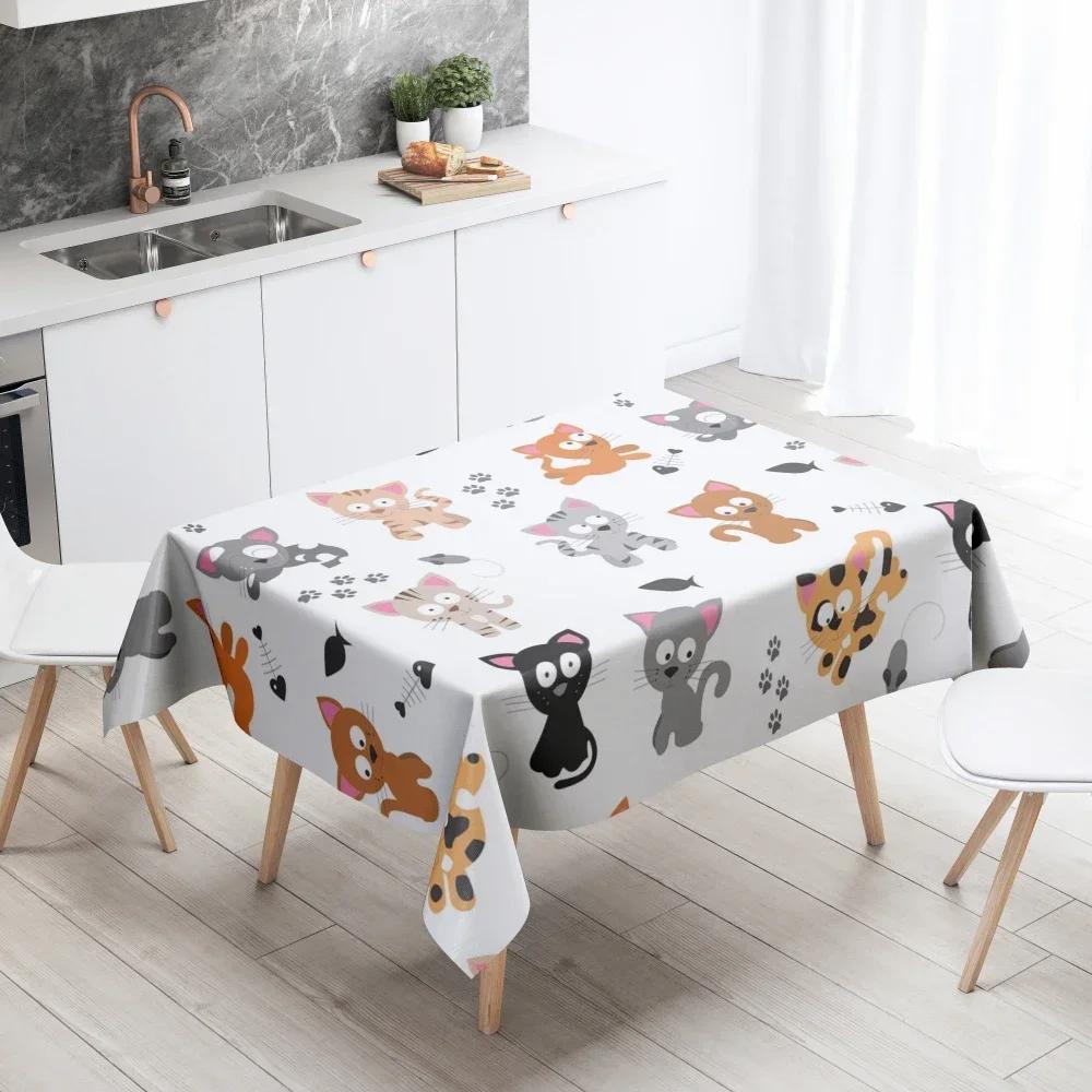 Home Decor Cartoon Cat Tablecloth Resistant Waterproof Table Decoration Rectangular Kitchen Fireplace Countertop