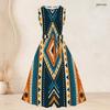 Women Plus Size Two Piece Set Geometric Printed 3 4 Sleeve Draped Cardigan Sleeveless Round Neck Tie Waist Flared Dress