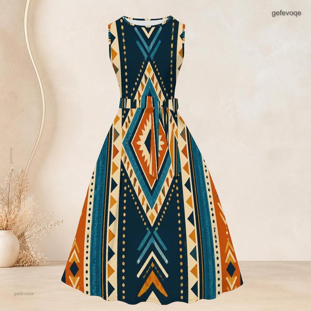Women Plus Size Two Piece Set Geometric Printed 3 4 Sleeve Draped Cardigan Sleeveless Round Neck Tie Waist Flared Dress