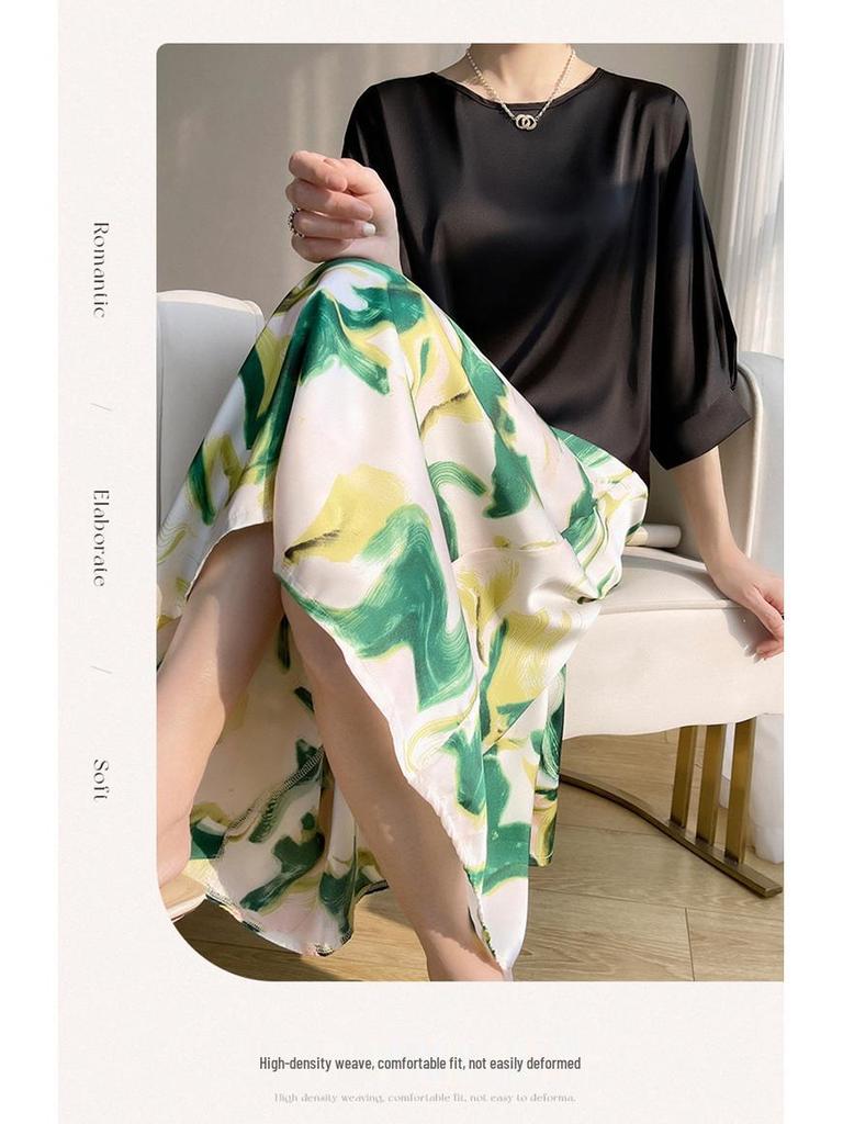 Women's High-Waist Silk A-Line Mid-Length Satin Skirt with Print