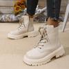 Fashion Warm Motorcycle Boots Women Lace-Up Plush Winter Ankle Boots Woman Black Beige Comfortable Flat Heel Cotton Boots