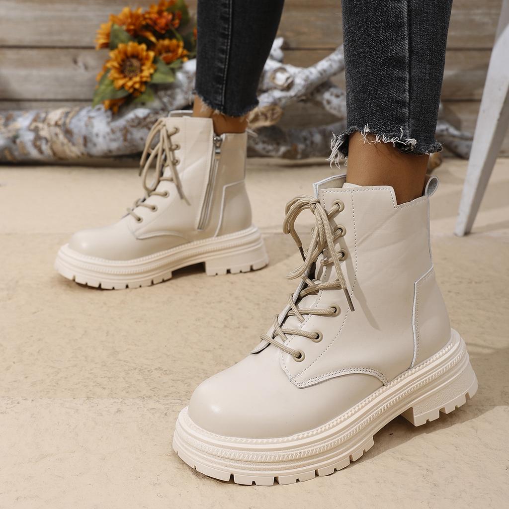 Winter  Ankle Boots Women Fashion Zip Lace Up Platform Combat Boots Woman Comfy Low Heels Pu Leather Botas Mujer Size 36-42