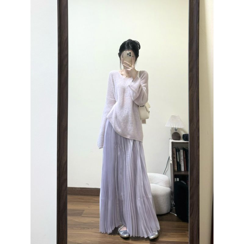 

Очень мягкий! Мохеровый свитер с V-образным вырезом Женский Тонкий 2025 Весна Новый Свободный вязаный Ленивый Топ-накидка Light purple S