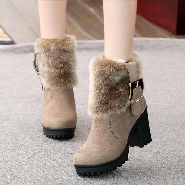 Square Heel Women Winter Shoes Classic Buckle Warm Fur Snow Ladies Boots High Heels Black Platform Ankle Boots Women Botas 362