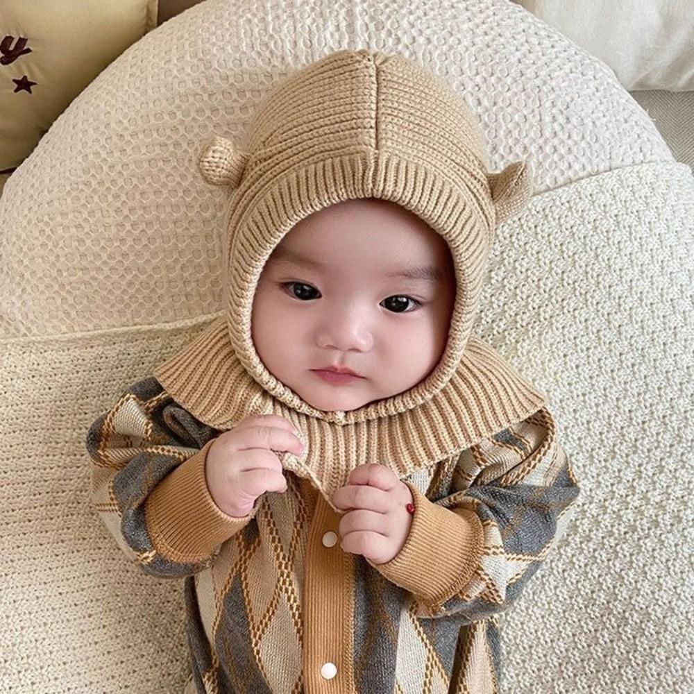 Ear Protection Knit Balaclava Hat Solid Color Warm Woolen Beanie Cute Kids Scarf Cap Winter