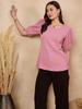 Pink Self Design Puff Sleeve Puff Sleeve Top
