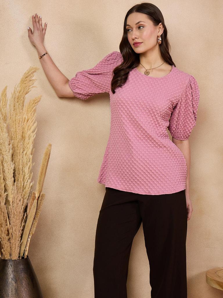Pink Self Design Puff Sleeve Puff Sleeve Top