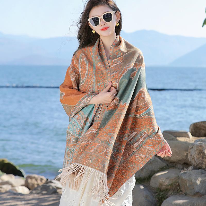 Ethnic Style Cashew Pattern Shawl Cloak Scarf: Imitation Cashmere, Thick, Dual-Purpose Women's Accessory for Autumn/Winter