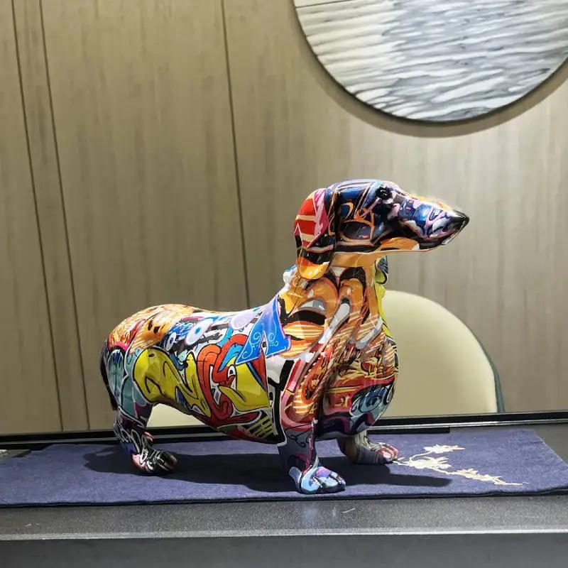 Color Graffiti Dachshund Resin Statue Stylish Animal Sculpture Home Office Desktop Decor Creative Decorative Craft Ornament