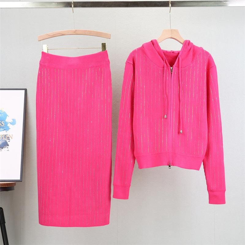 Women's Knitted Cardigan High Waisted Buttocks Wrapped  Skirt 2 Piece Suits Luxury Diamond Fashion Sets