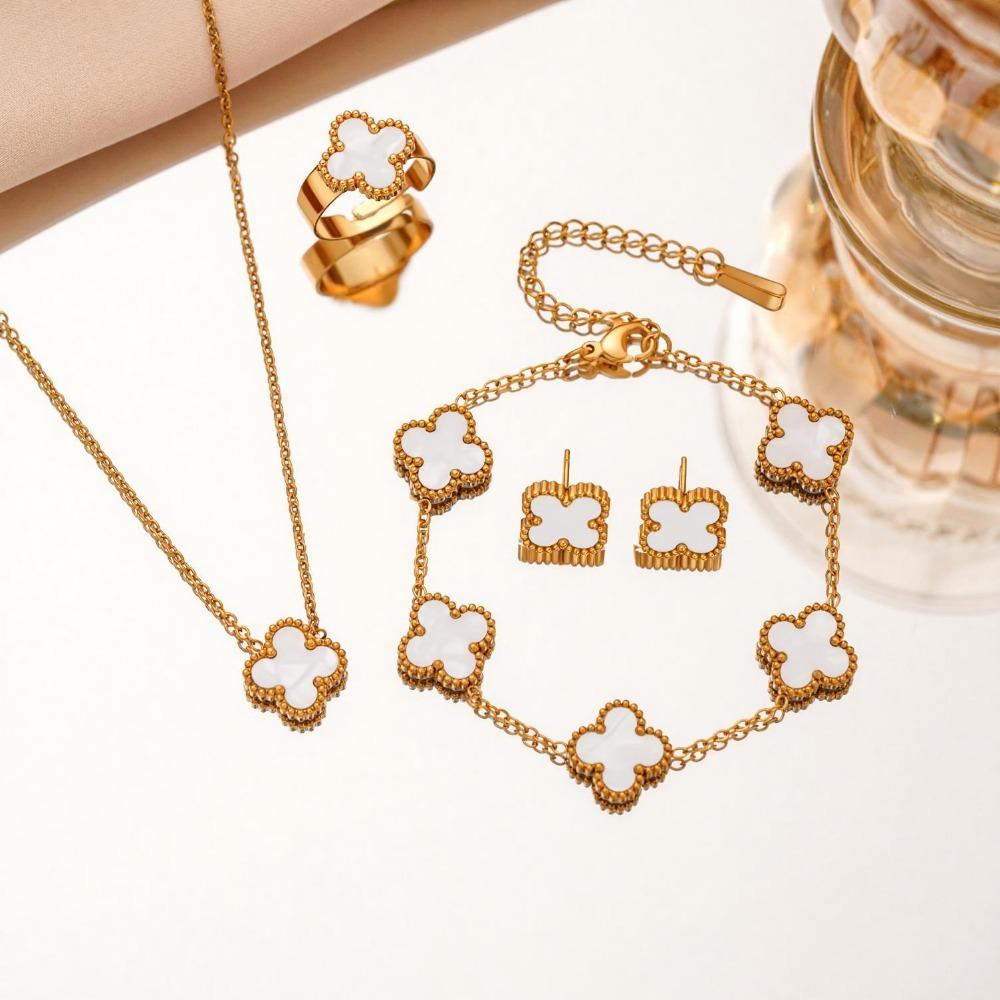 Titanium Steel Colorfast Necklace Set for Women Fashionable Four-leaf Clover Bracelet Necklace Earrings and Rings