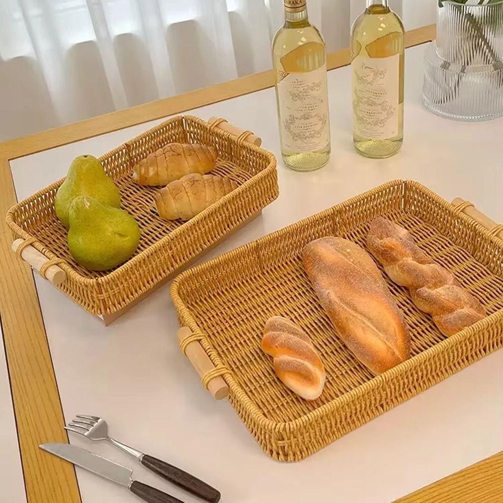Plastic Rattan Threads Food Serving Tray Wooden Handle Desktop Organizer  Office