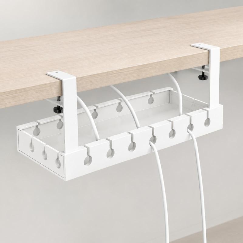 Under-Desk Cable Management Tray in Carbon Steel with Two Edge Clamps and Open Access, Extendable Power Strips Cord Holder for Stored Power