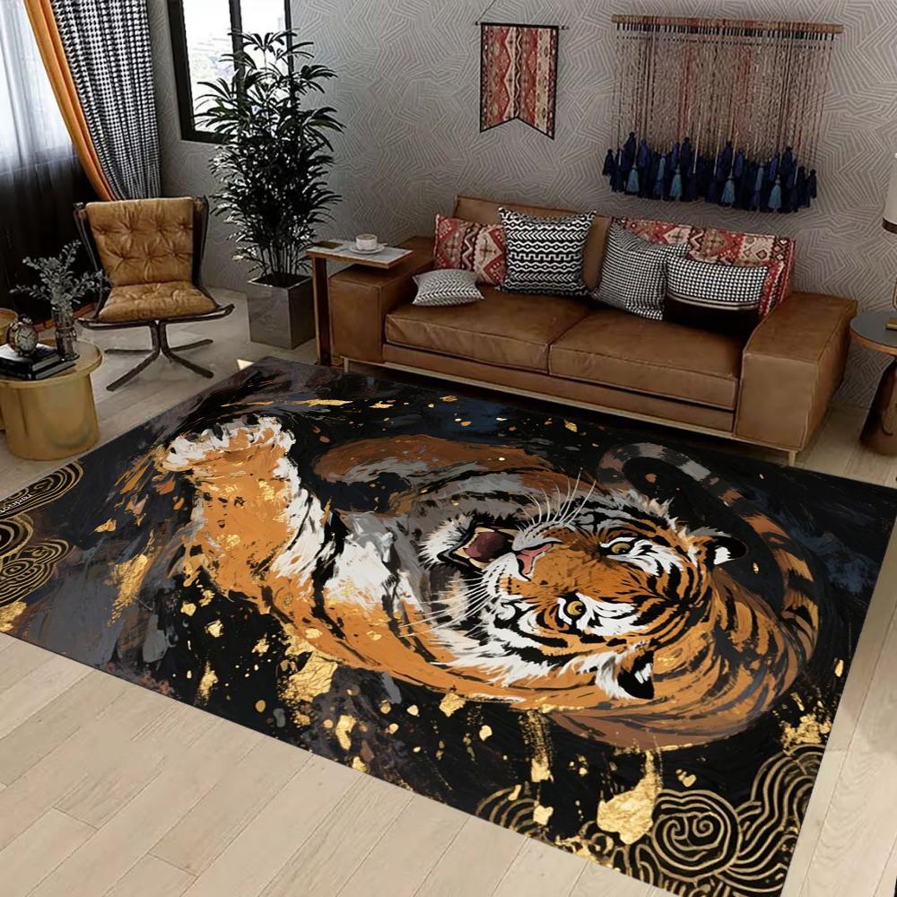 Tiger Art Carpet Mat Rug Gold Black Background Luxury Artistic Non-Slip Durable Home Decoration Living Room Study Room Floor Mat