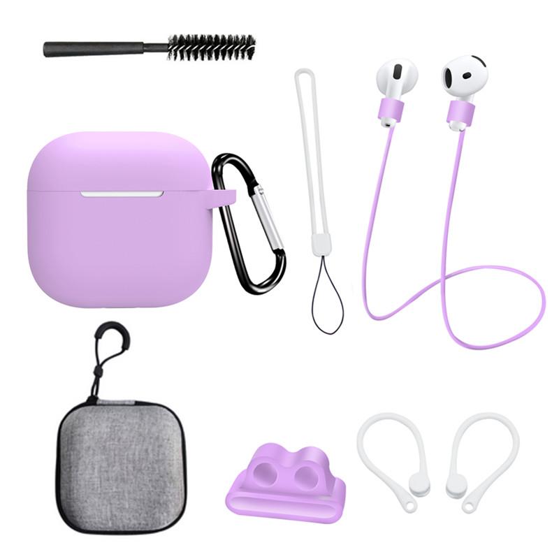 

8 Pcs/Set For AirPods 4 Protective Case Set with Anti-Lost Strap Watch Clip Ear Hooks Carabiner Cleaning Brush Grey Bag Light Purple