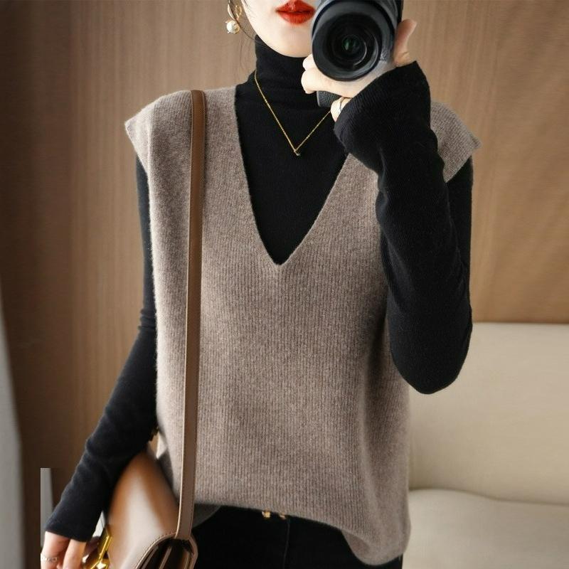 Autumn Women's Knitted Vest Pullover Vest Wool Waistcoat Deep V-neck Loose