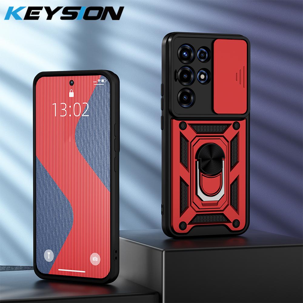 KEYSION Shockproof Armor Case for Itel SUPER 26 Ultra Slide Camera Lens Protection Ring Stand Phone Cover for Itel S26 Ulltra