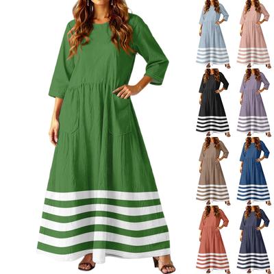 Women's Casual Fashion Striped Printed Three-quarter Sleeve Pocket Long Dress