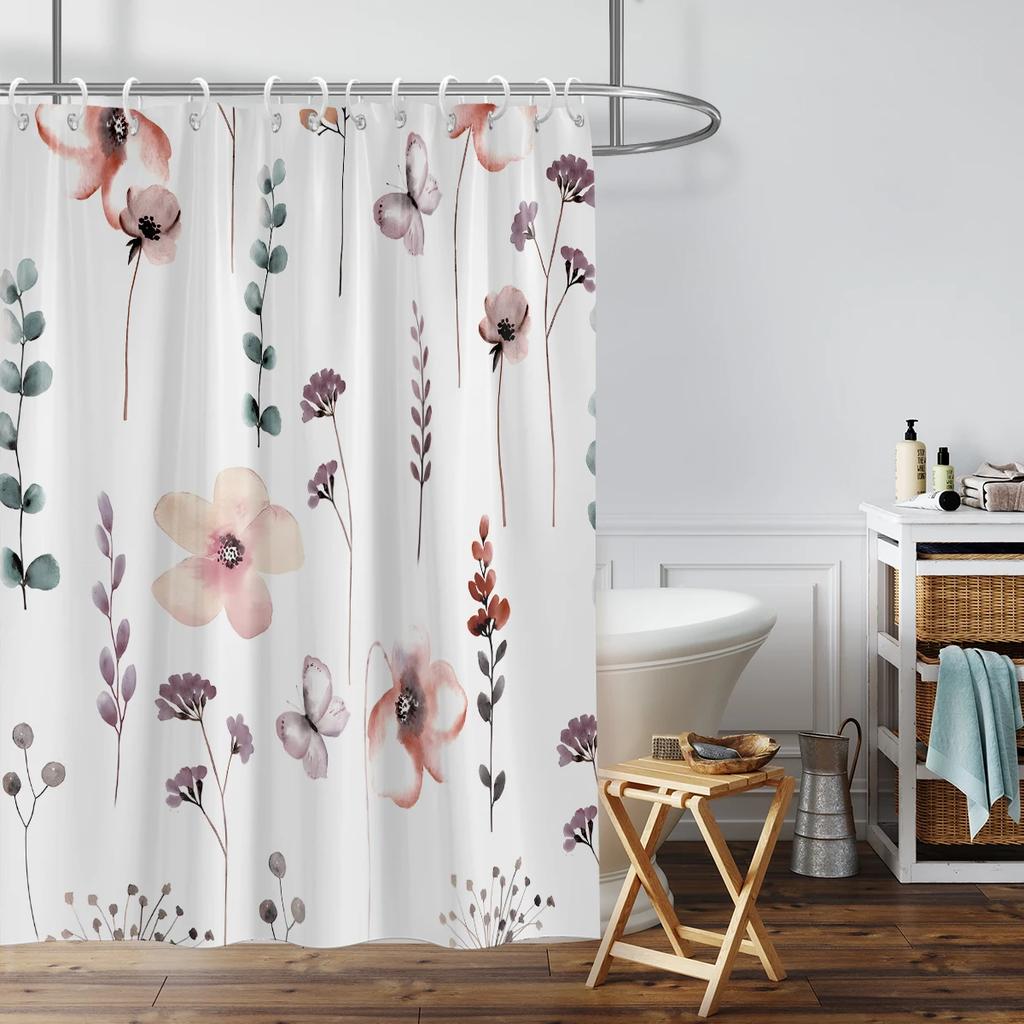 1 Piece Of 180X180Cm Pink Ink Floral Digital Printing Shower Curtain Partition, Bathroom Waterproof And Mold Resistant