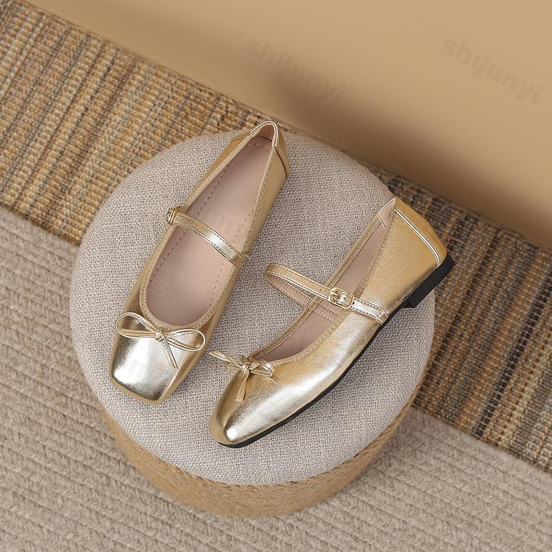 Fashion Large Size Women's Ballet Shoes Autumn Square Toe Soft Sole Bow Knot Mary Jane Shoes Elegant Luxury Fashion Buckle Strap Flats